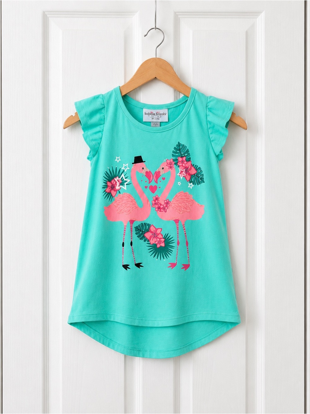 Bobbie Brooks Girls Flamingo Graphic Top Size M 7/8 Mint Green Flutter Sleeve